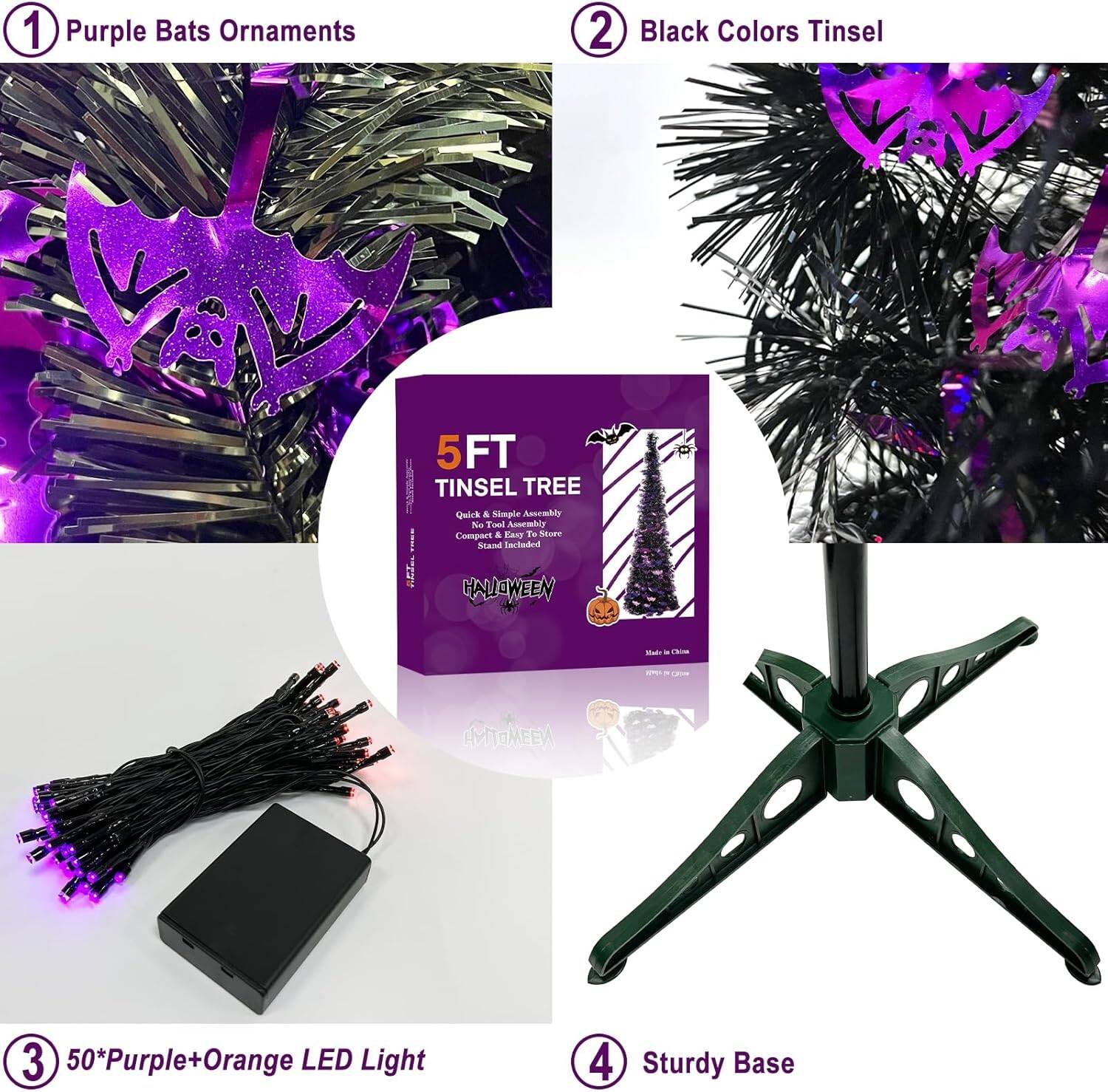 5ft Lighted Halloween Tinsel Tree with Timer, Bat Sequins, Battery Powered - Image 7