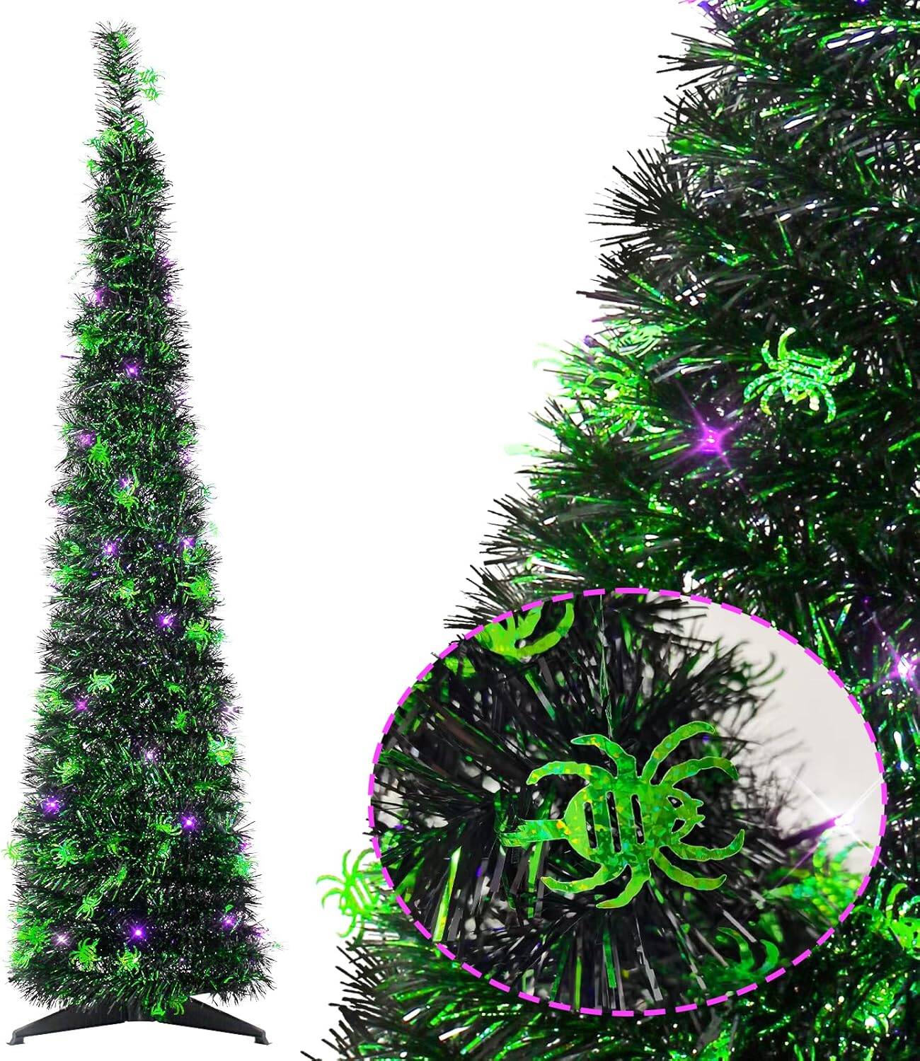 5FT Black Halloween Tree Pop-up Christmas Tree with Spider Decoration,Pre-lit Mini Christmas Tree with 60 Lights Black Artificial Pencil Tree with Green Spider Collapsible Tinsel Tree