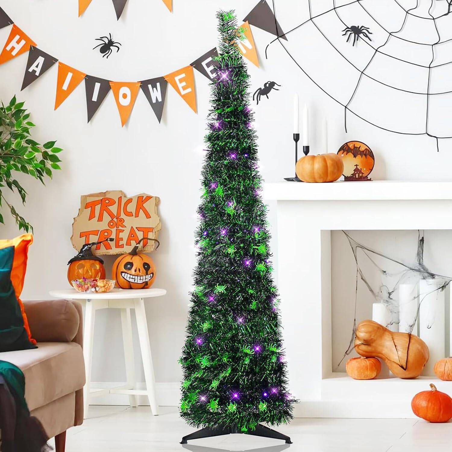 5FT Black Halloween Tree Pop-up Christmas Tree with Spider Decoration,Pre-lit Mini Christmas Tree with 60 Lights Black Artificial Pencil Tree with Green Spider Collapsible Tinsel Tree - Image 4