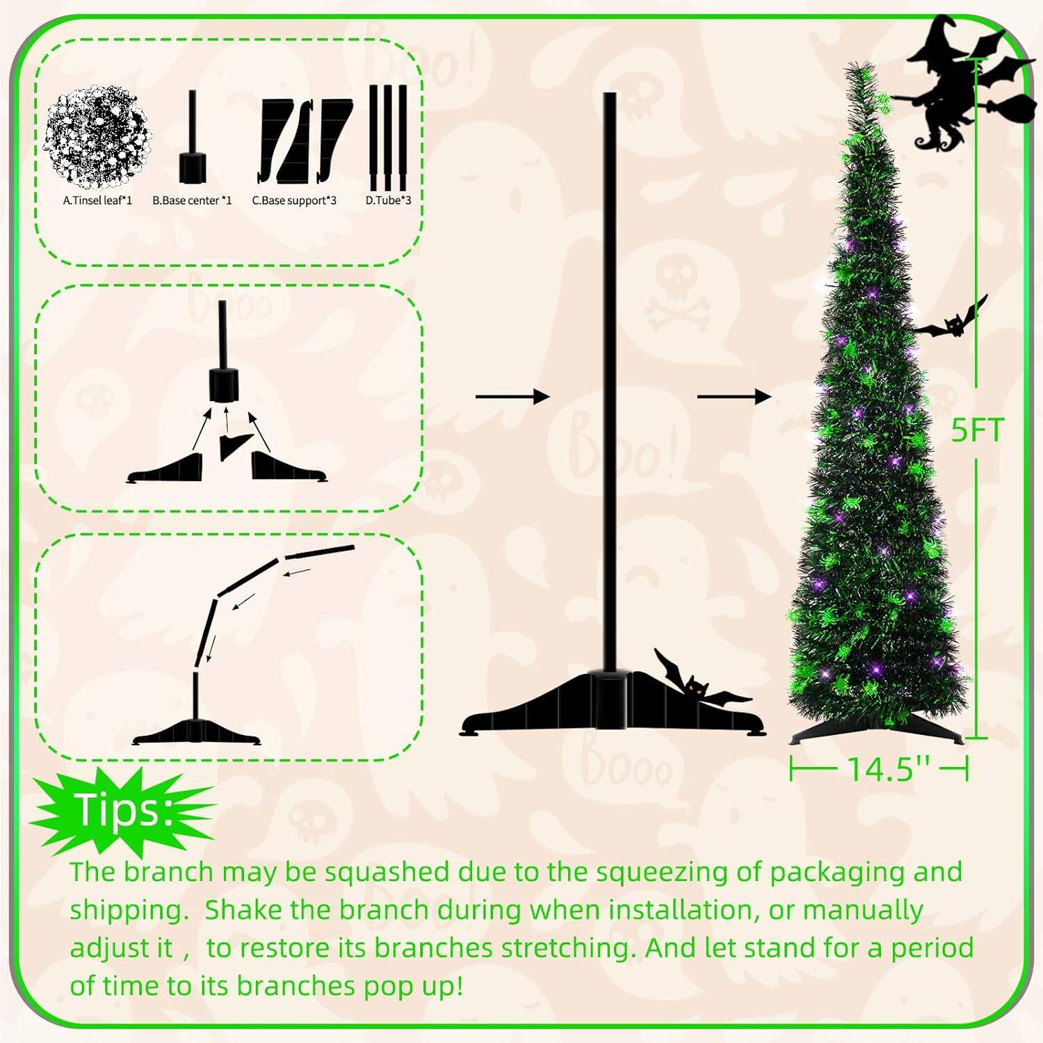 5FT Black Halloween Tree Pop-up Christmas Tree with Spider Decoration,Pre-lit Mini Christmas Tree with 60 Lights Black Artificial Pencil Tree with Green Spider Collapsible Tinsel Tree - Image 5
