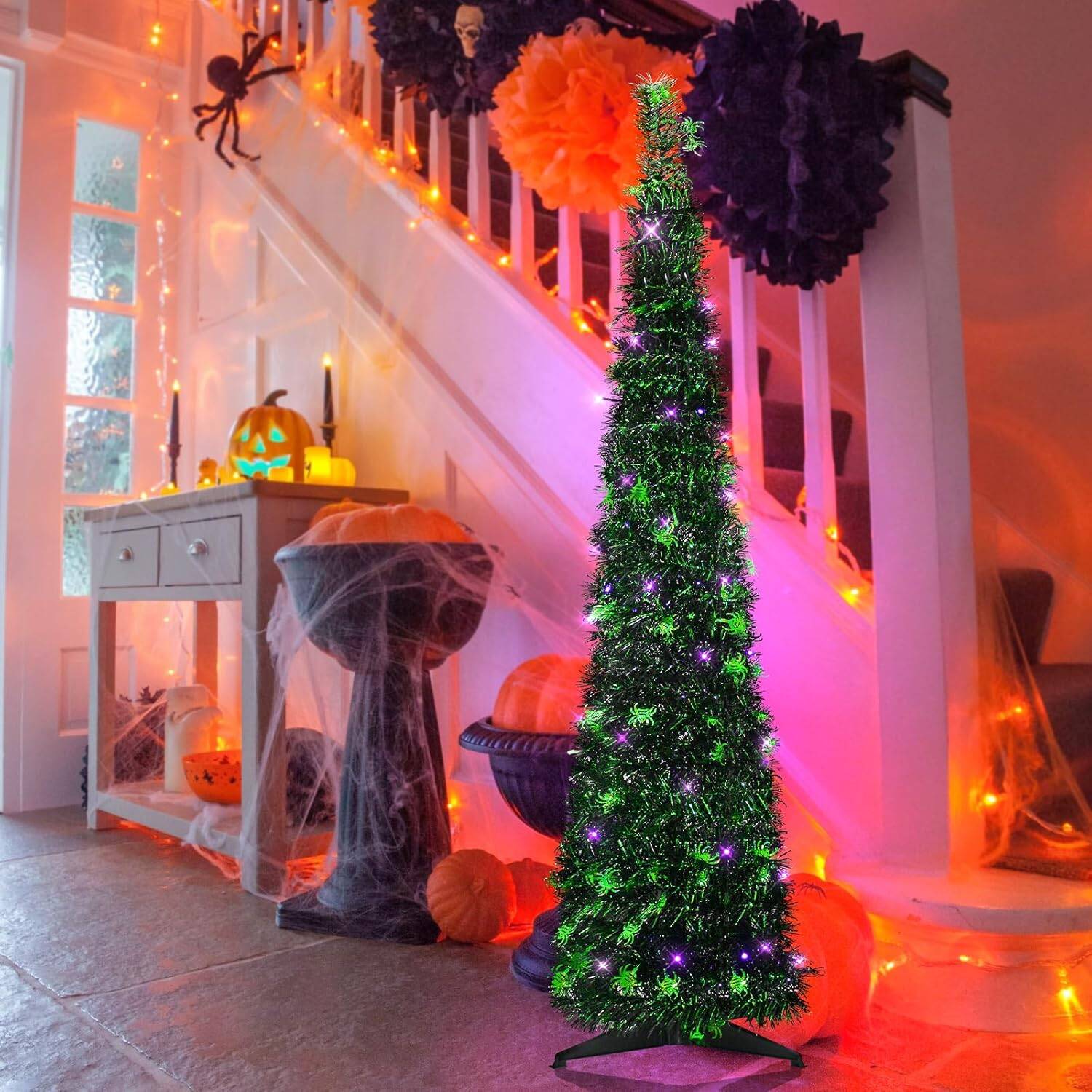 5FT Black Halloween Tree Pop-up Christmas Tree with Spider Decoration,Pre-lit Mini Christmas Tree with 60 Lights Black Artificial Pencil Tree with Green Spider Collapsible Tinsel Tree - Image 6