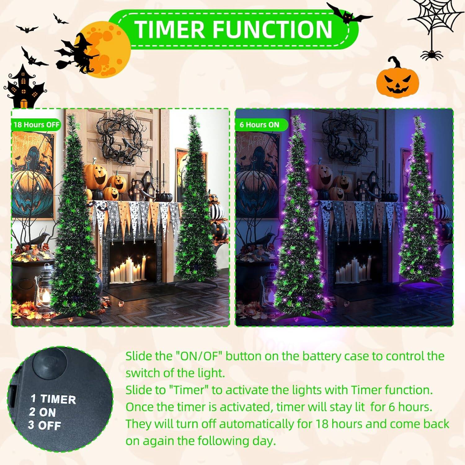 5FT Black Halloween Tree Pop-up Christmas Tree with Spider Decoration,Pre-lit Mini Christmas Tree with 60 Lights Black Artificial Pencil Tree with Green Spider Collapsible Tinsel Tree - Image 7