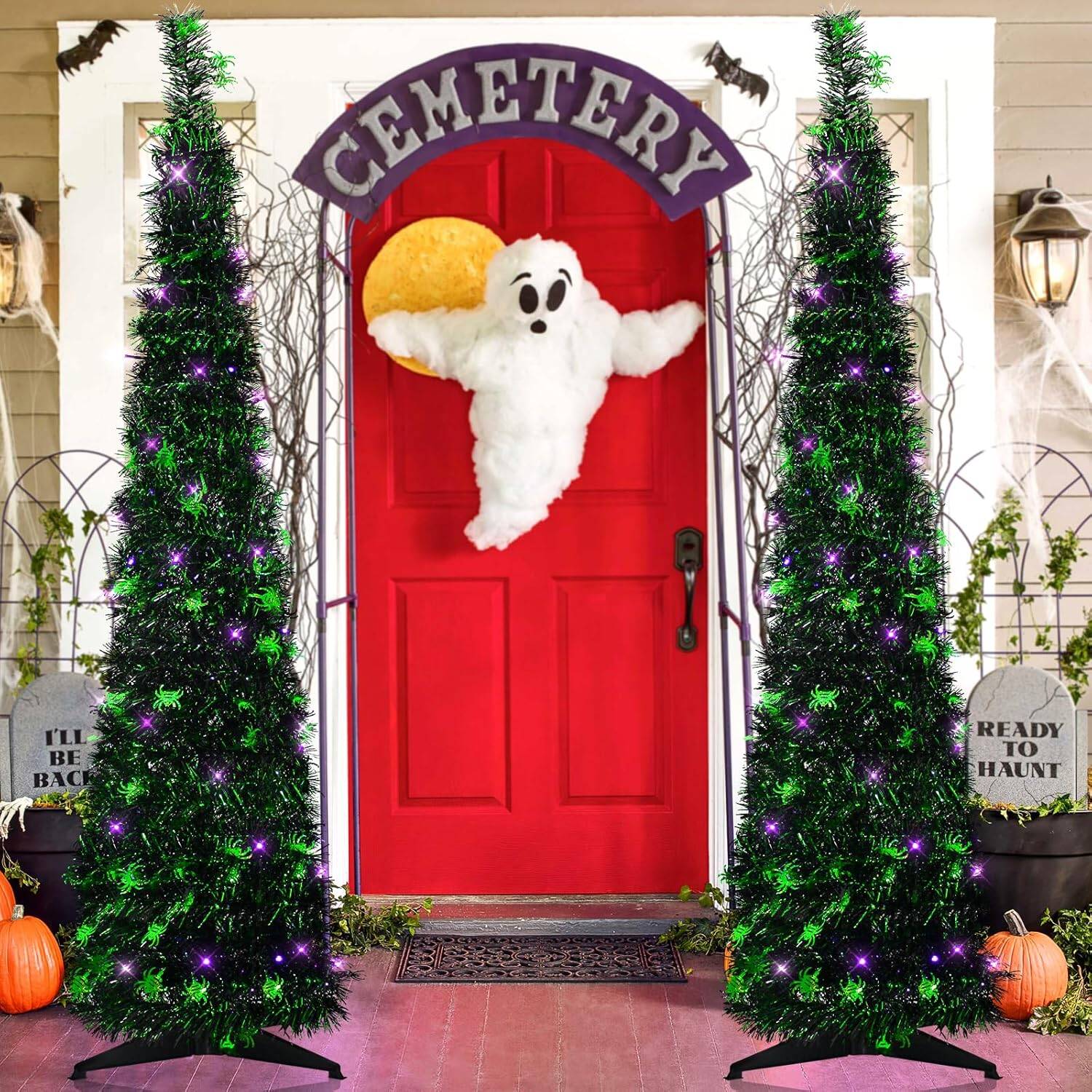 5FT Black Halloween Tree Pop-up Christmas Tree with Spider Decoration,Pre-lit Mini Christmas Tree with 60 Lights Black Artificial Pencil Tree with Green Spider Collapsible Tinsel Tree - Image 9