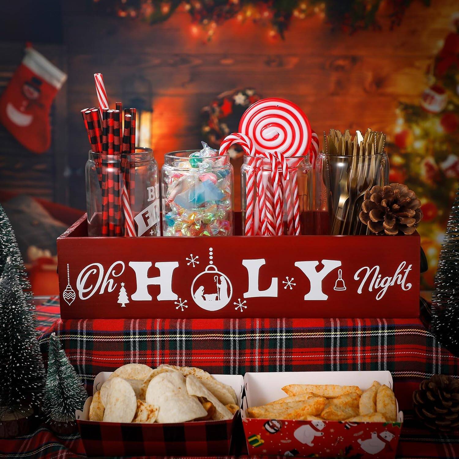 Hot Cocoa Bar Wood Storage Box Hot Cocoa Decorative Christmas Cute Wood Storage Bins Decorative Open Holder Box Xmas Colorful Organizer Bins for Home Kitchen Office Farmhouse Gift (Red,Vibrant) - Image 3