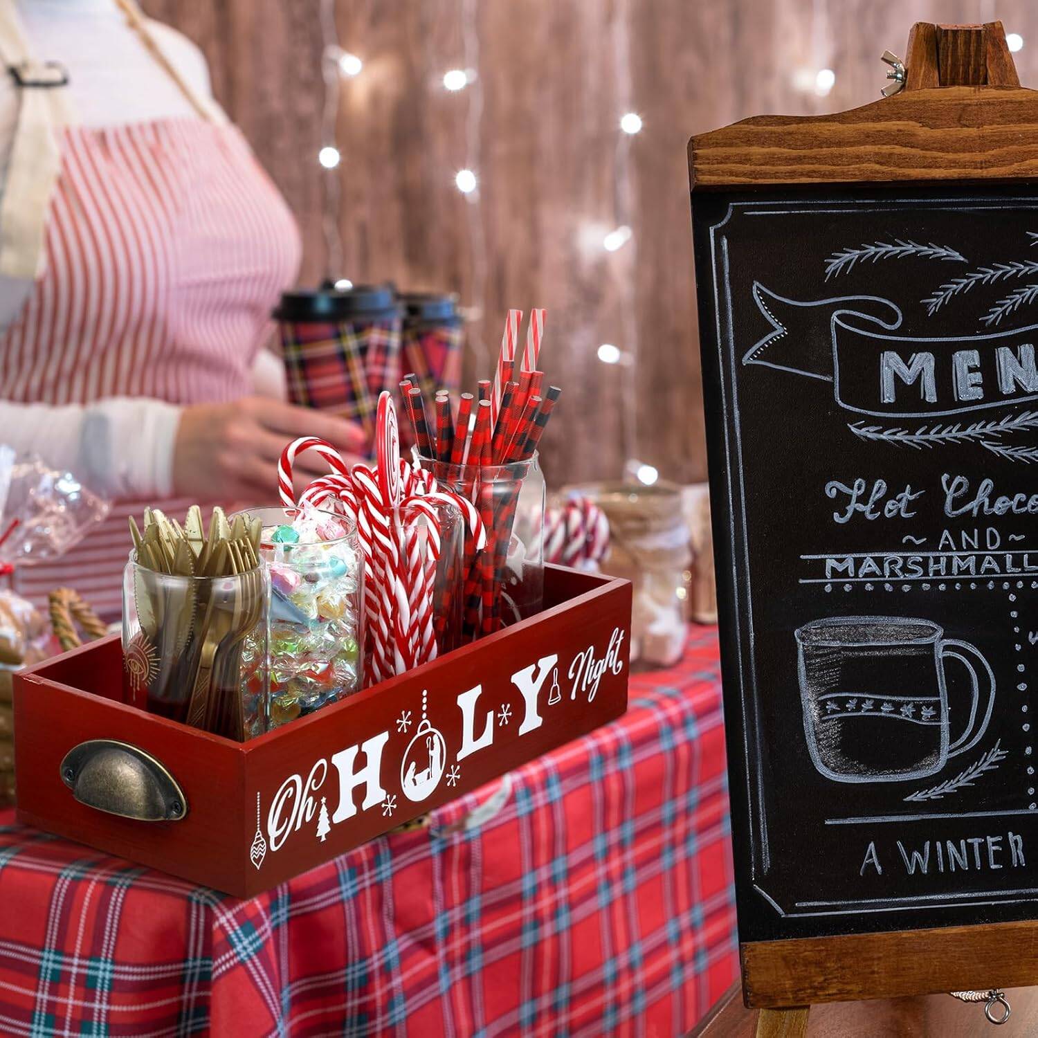 Hot Cocoa Bar Wood Storage Box Hot Cocoa Decorative Christmas Cute Wood Storage Bins Decorative Open Holder Box Xmas Colorful Organizer Bins for Home Kitchen Office Farmhouse Gift (Red,Vibrant) - Image 8