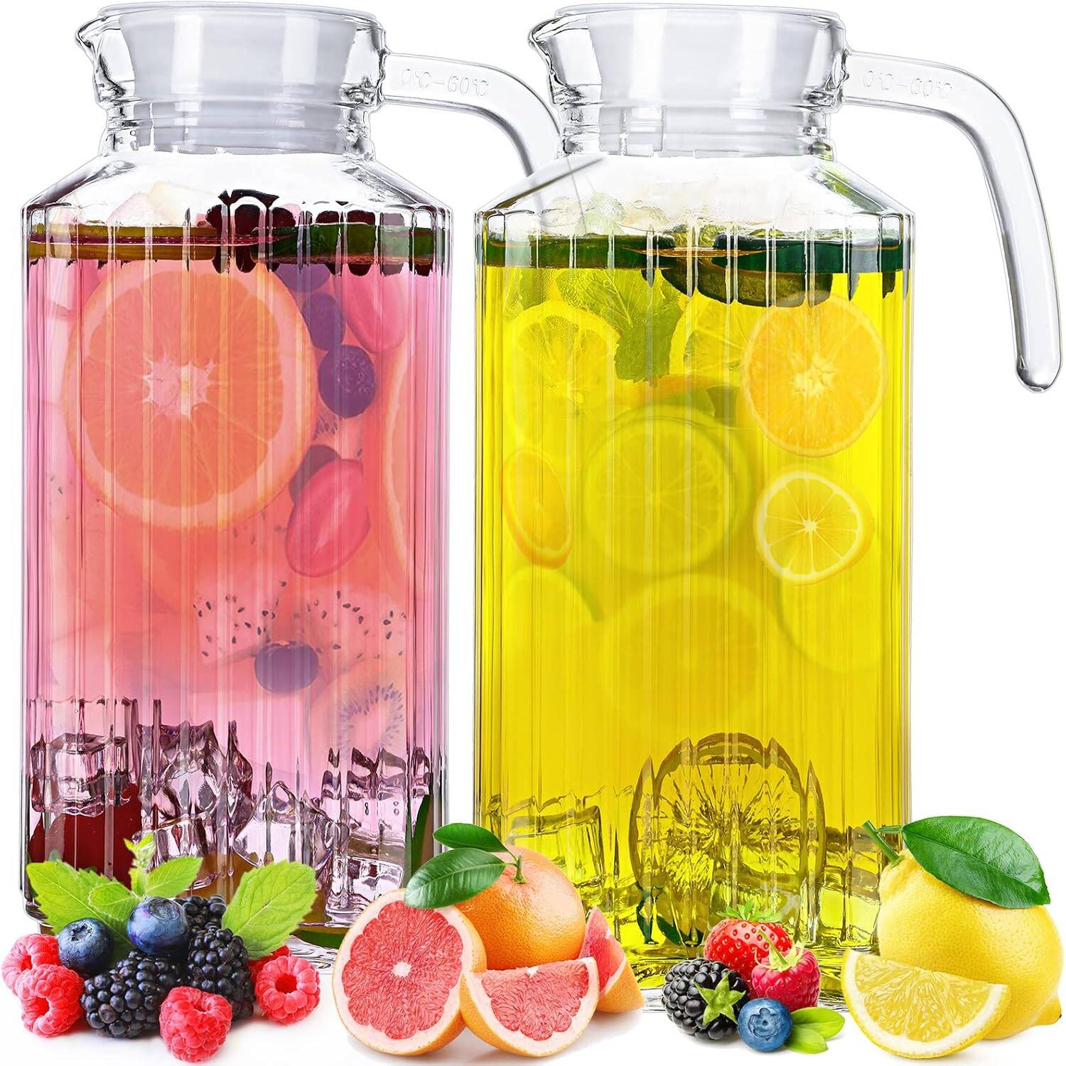 2 Pcs Glass Pitcher with Lid and Spout Ribbed Fridge Pitcher Clear Glass Water Pitcher with Handle Juice Containers with Lids for Fridge Water Jar Water Carafe Milk Jug for Iced Tea (55 oz)