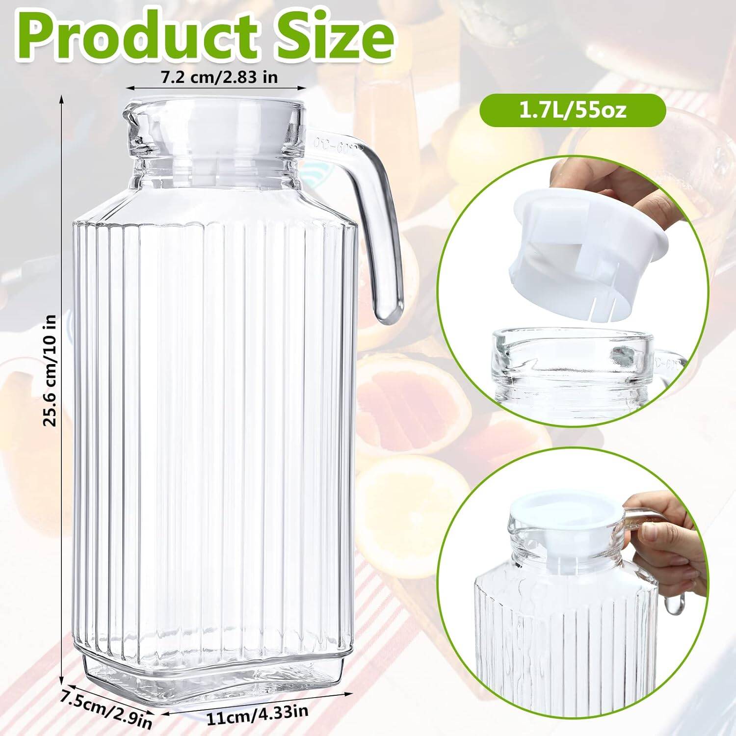 2 Pcs Glass Pitcher with Lid and Spout Ribbed Fridge Pitcher Clear Glass Water Pitcher with Handle Juice Containers with Lids for Fridge Water Jar Water Carafe Milk Jug for Iced Tea (55 oz) - Image 3