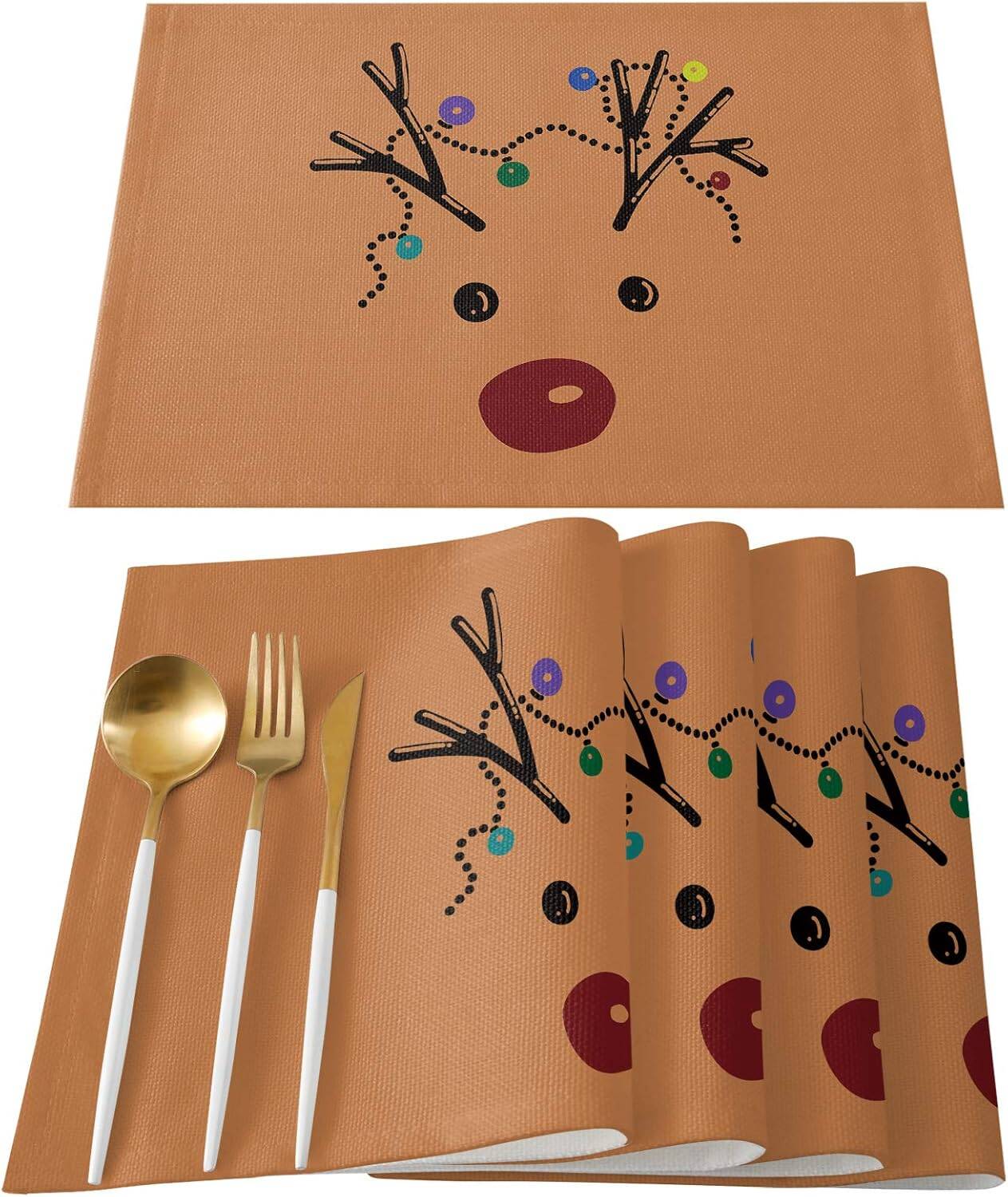 Indoor Placemats for Dining/Round/Kitchen Table, Cute Reindeer Rudolph, Table Mats Set of 6 Washable Non-Slip Heat Resistant Table Placemats, Merry Christmas, Suitable for Kids/Woman/Man