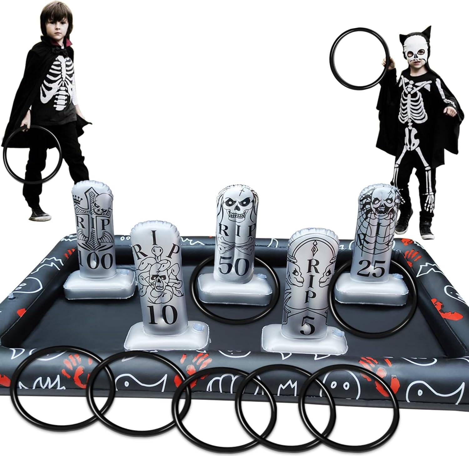 Giant Tombstone Ring Toss Games Halloween Party Game Favors for Kids Inflatable Gravestone Ring Toss Game Halloween Party Decor Outdoor Carnival Game Classroom Indoor Outdoor School Yard