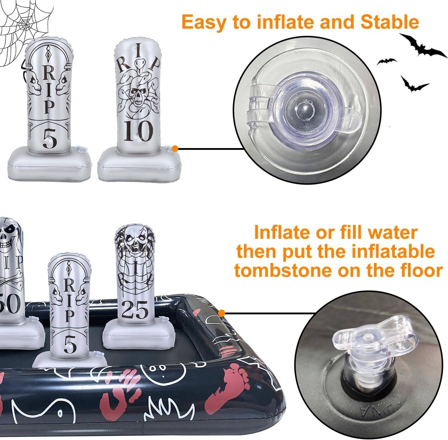 Giant Tombstone Ring Toss Games Halloween Party Game Favors for Kids Inflatable Gravestone Ring Toss Game Halloween Party Decor Outdoor Carnival Game Classroom Indoor Outdoor School Yard - Image 4