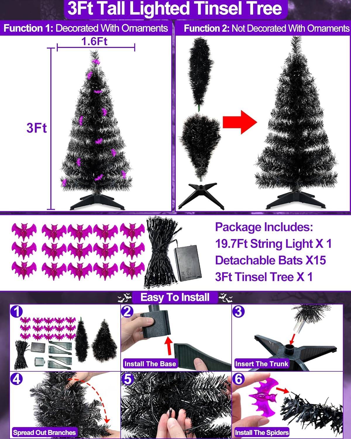 3ft Halloween Black Tree with Timer, 60 LEDs, 8 Modes, Battery Powered - Image 2