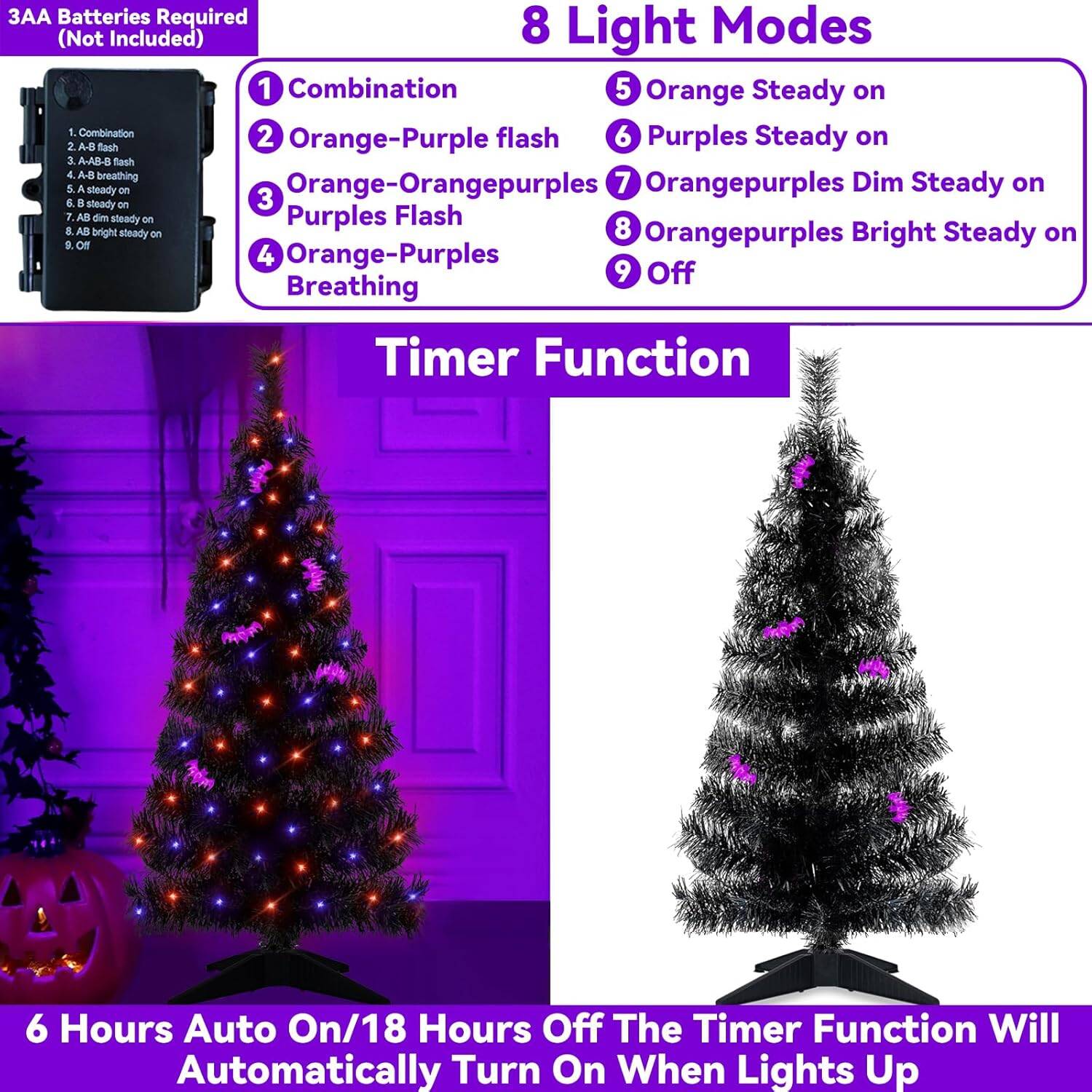 3ft Halloween Black Tree with Timer, 60 LEDs, 8 Modes, Battery Powered - Image 4