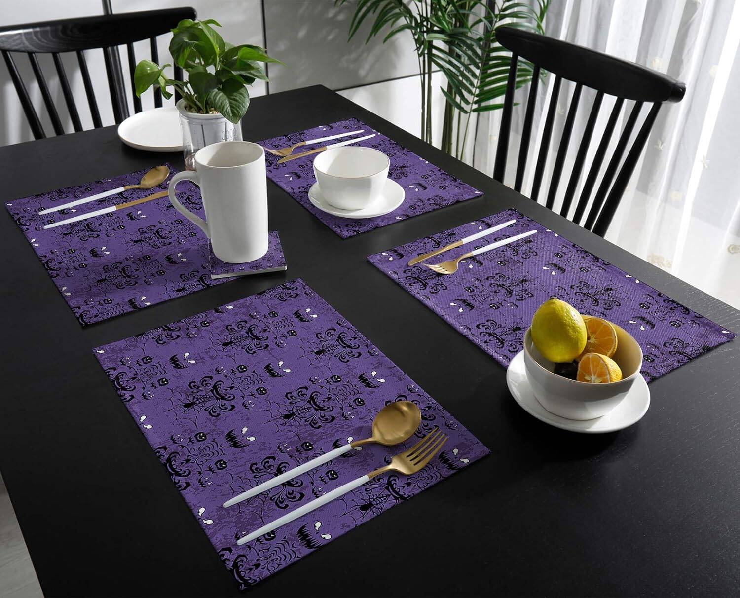 Halloween Placemats Set of 6 Waterproof Purple Haunted House Decor