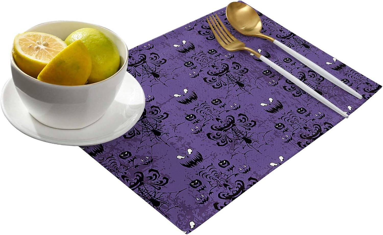 Halloween Placemats Set of 6 Waterproof Purple Haunted House Decor - Image 3