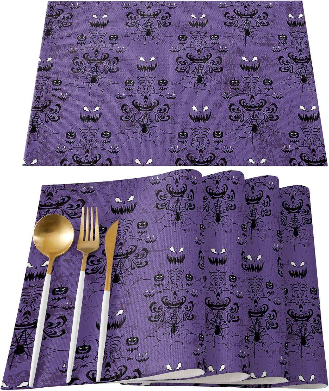 Halloween Placemats Set of 6 Waterproof Purple Haunted House Decor - Image 4