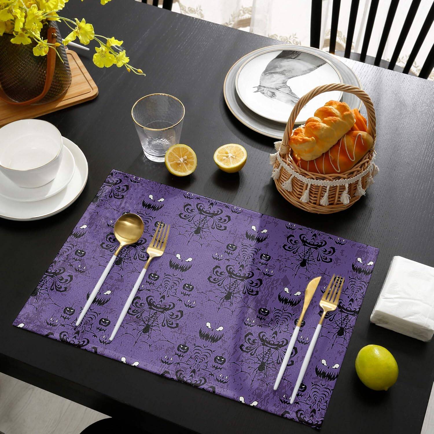 Halloween Placemats Set of 6 Waterproof Purple Haunted House Decor - Image 5