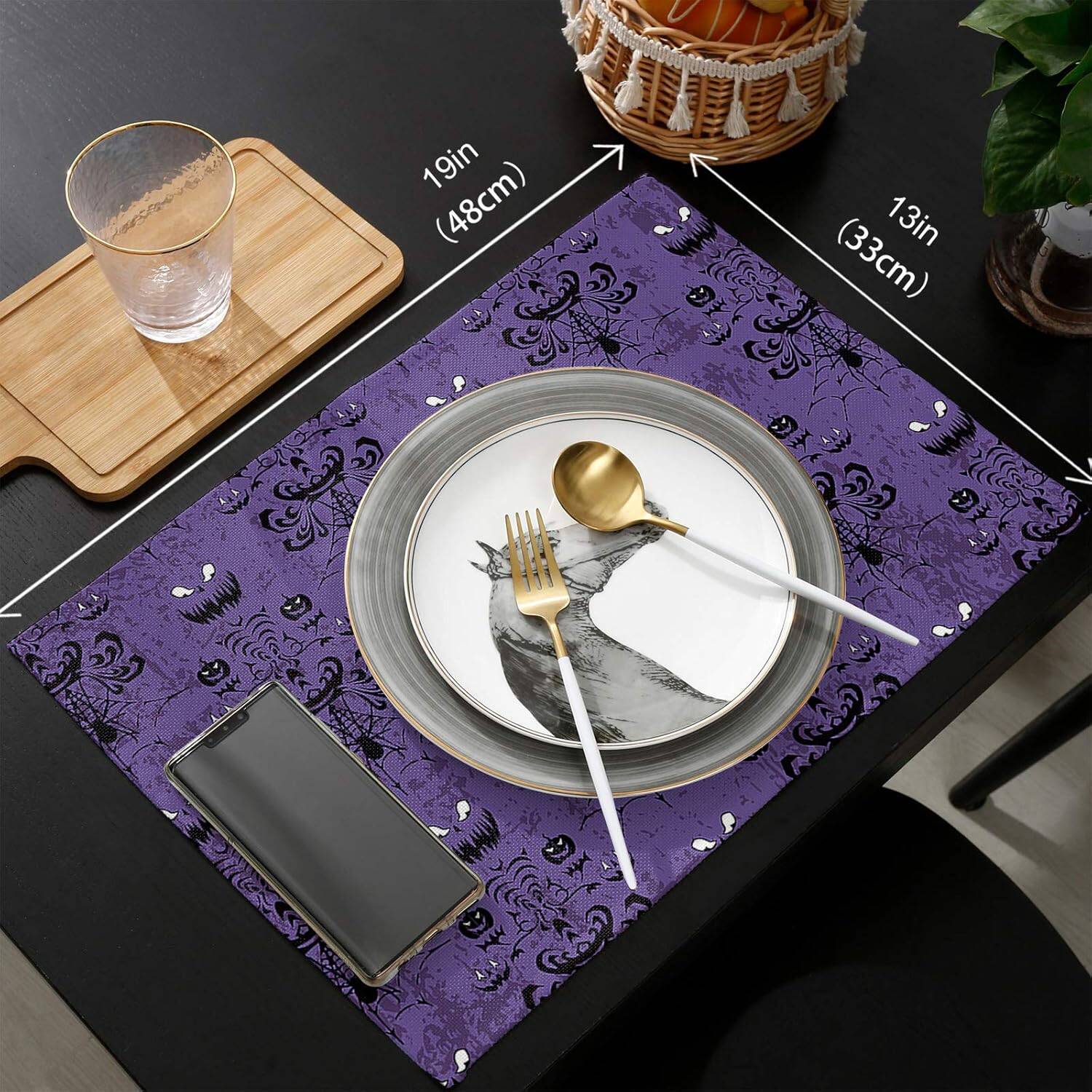 Halloween Placemats Set of 6 Waterproof Purple Haunted House Decor - Image 7