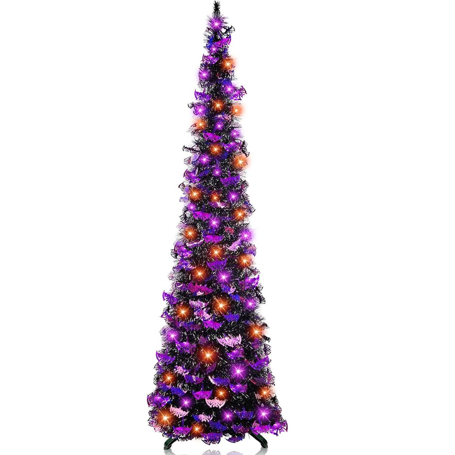 5ft Lighted Halloween Tinsel Tree with Timer, Bat Sequins, Battery Powered
