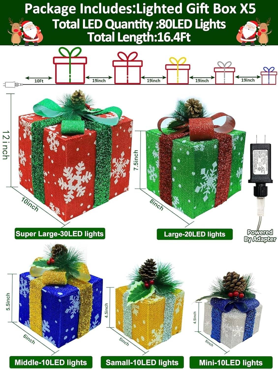 5-Pack Lighted Christmas Gift Boxes - 80 LED Indoor/Outdoor - Image 4