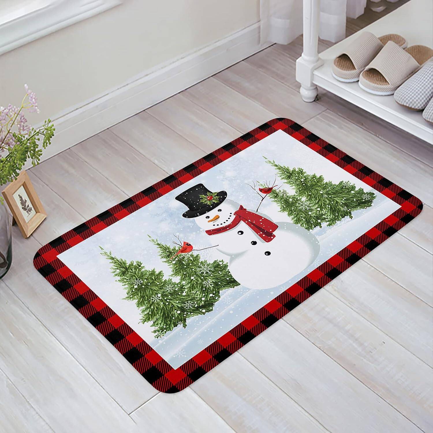Snowman Red and Black Buffalo Plaid Non-Slip Absorbent Christmas Door Mat 16" x 24"