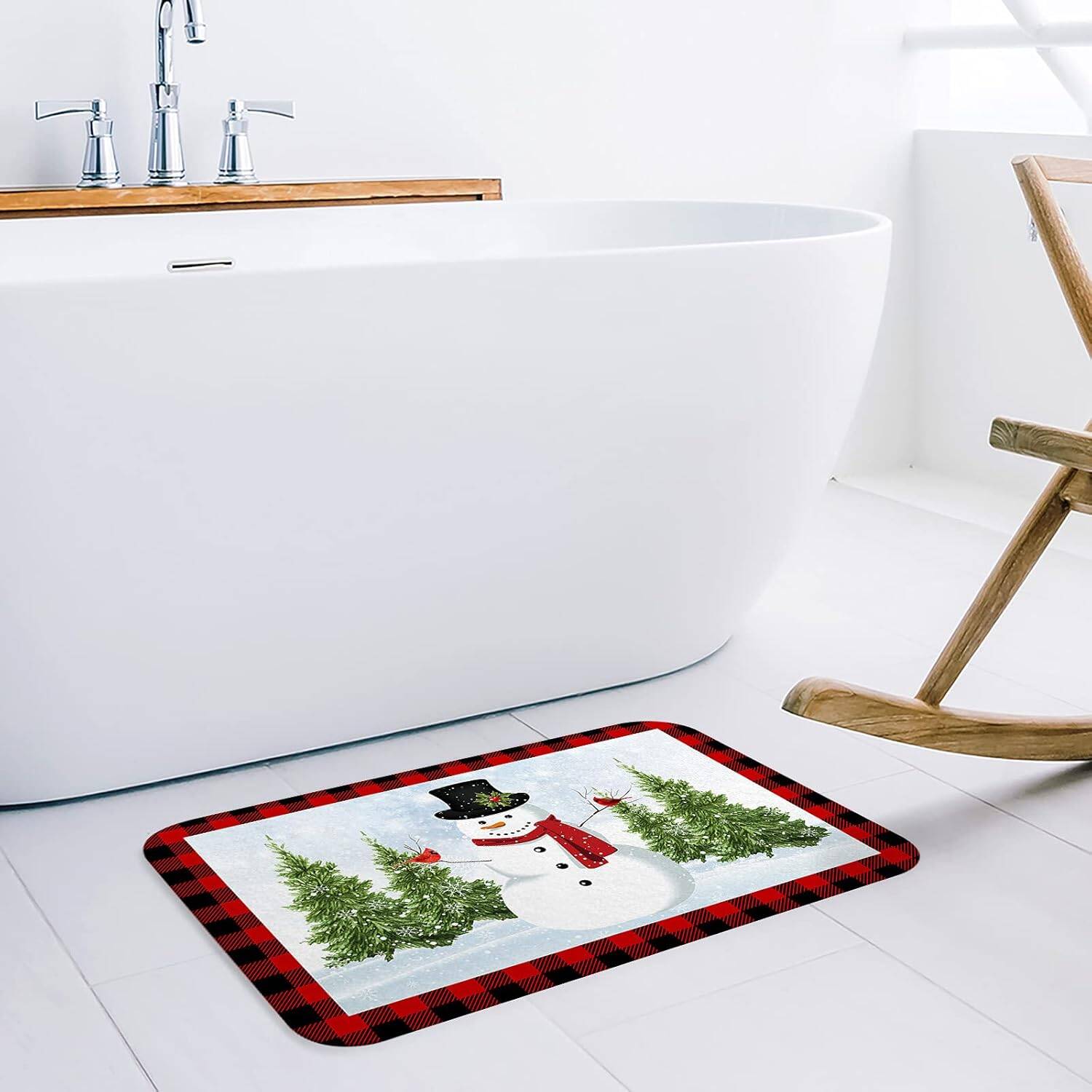 Snowman Red and Black Buffalo Plaid Non-Slip Absorbent Christmas Door Mat 16" x 24" - Image 3