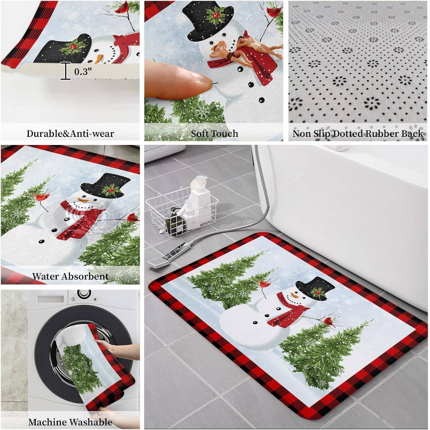 Snowman Red and Black Buffalo Plaid Non-Slip Absorbent Christmas Door Mat 16" x 24" - Image 6