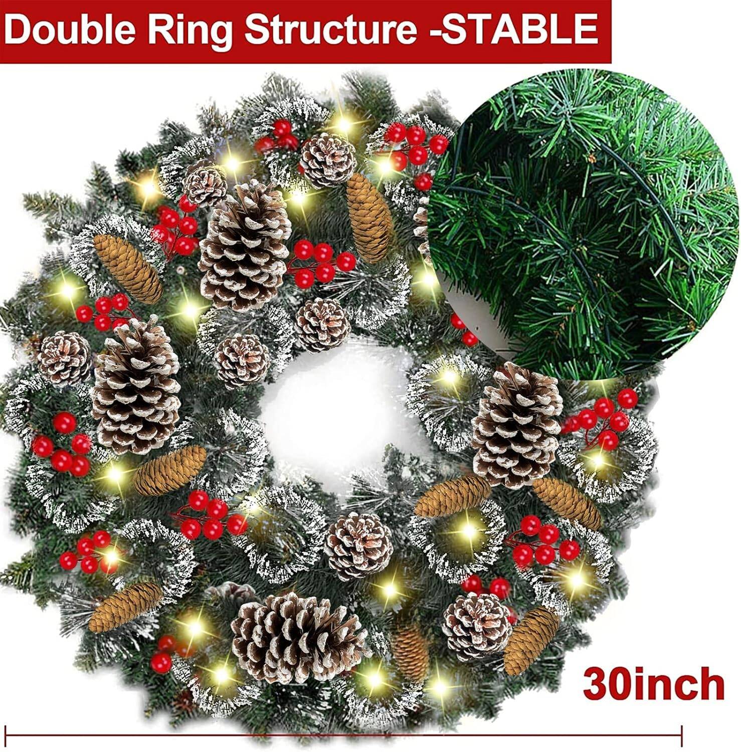 30 Inch Super Large Thick Pre-lit Christmas Wreath w/ Warm White Lights - Image 7