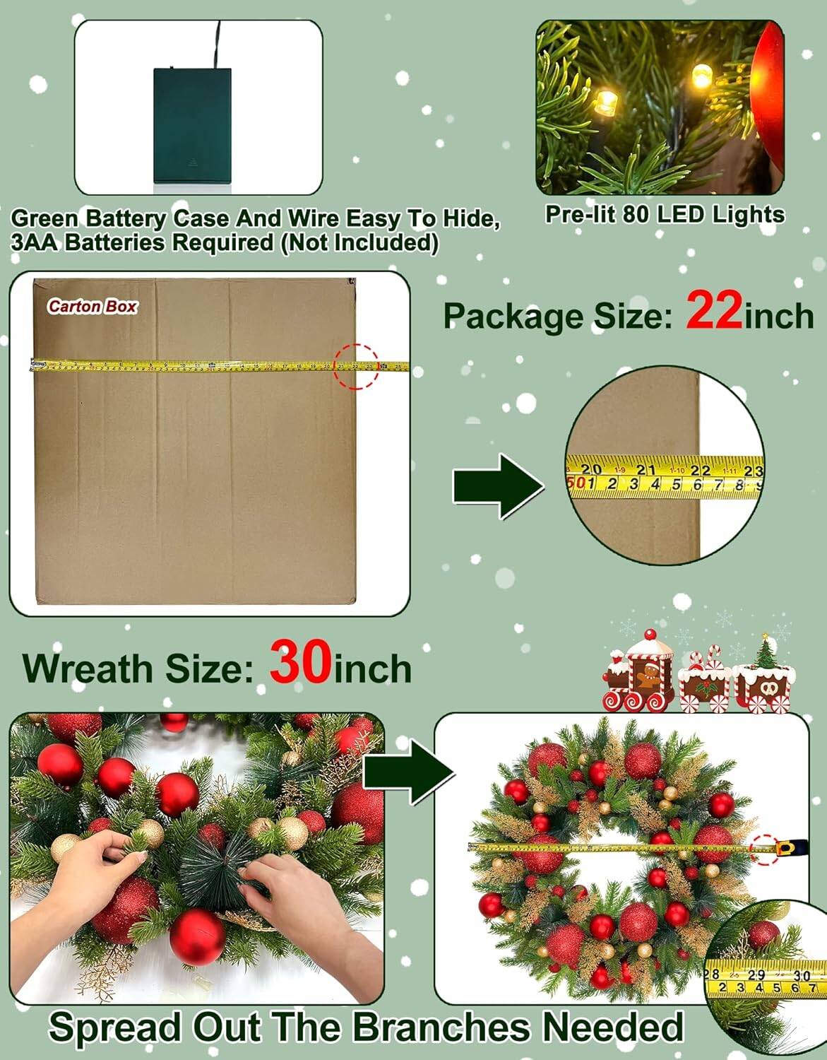 TURNMEON 30 Inch Large Prelit Christmas Wreath for Front Door - Image 7
