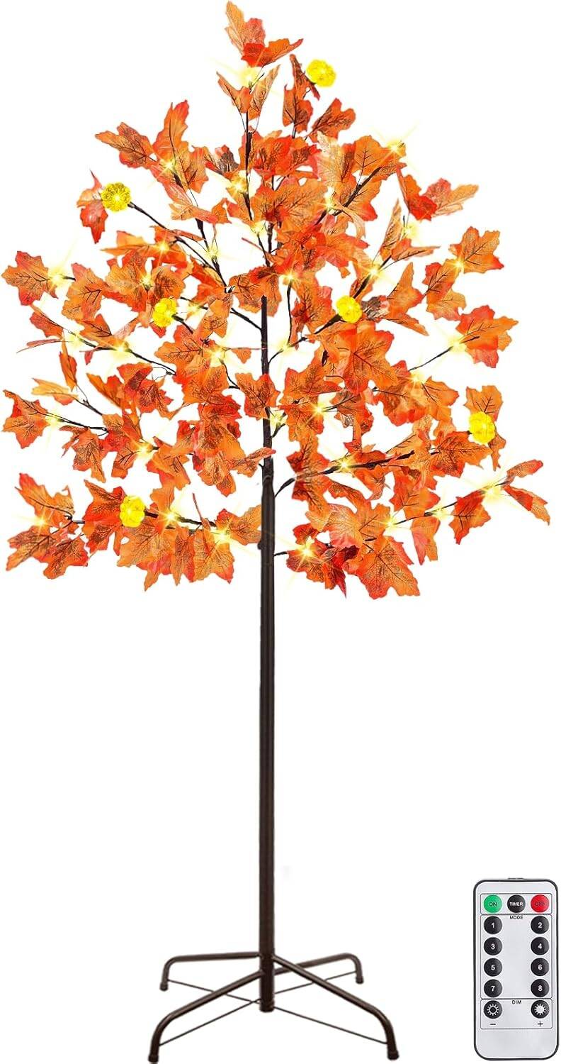 5Ft Lighted Thanksgiving Decor Maple Tree, Fall Decorations with 72LED 144 Maple Leaves 6 & Pumpkins & Timer 8 Flashing Mode Remote Control Artificial Tree Fall Home Indoor Outdoor Autumn Decor