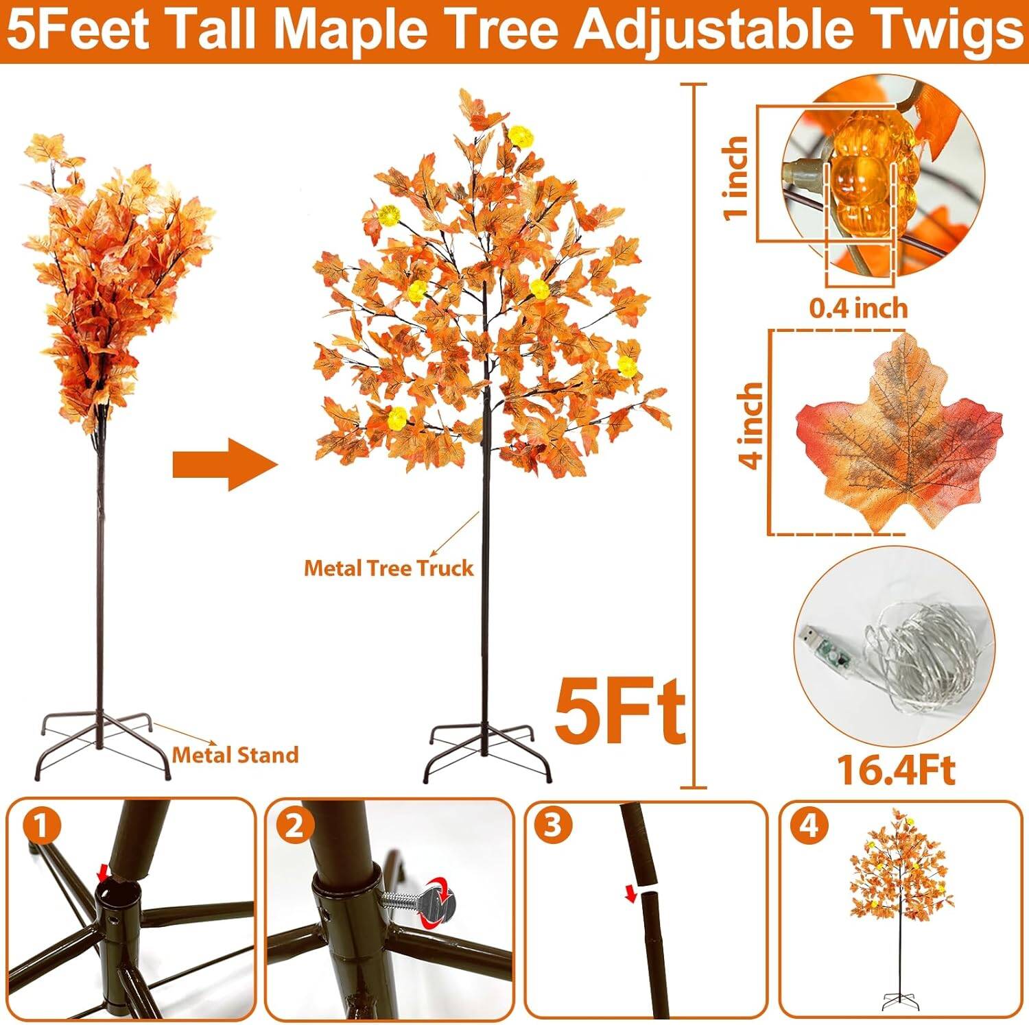 5Ft Lighted Thanksgiving Decor Maple Tree, Fall Decorations with 72LED 144 Maple Leaves 6 & Pumpkins & Timer 8 Flashing Mode Remote Control Artificial Tree Fall Home Indoor Outdoor Autumn Decor - Image 3