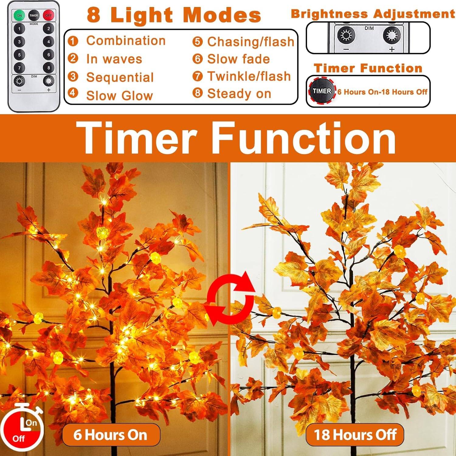 5Ft Lighted Thanksgiving Decor Maple Tree, Fall Decorations with 72LED 144 Maple Leaves 6 & Pumpkins & Timer 8 Flashing Mode Remote Control Artificial Tree Fall Home Indoor Outdoor Autumn Decor - Image 4