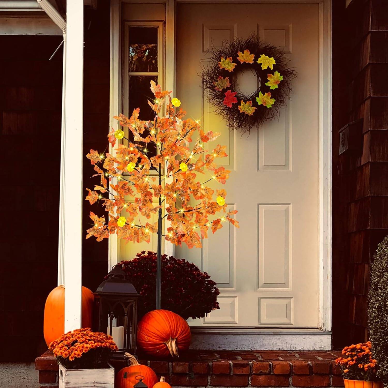 5Ft Lighted Thanksgiving Decor Maple Tree, Fall Decorations with 72LED 144 Maple Leaves 6 & Pumpkins & Timer 8 Flashing Mode Remote Control Artificial Tree Fall Home Indoor Outdoor Autumn Decor - Image 6