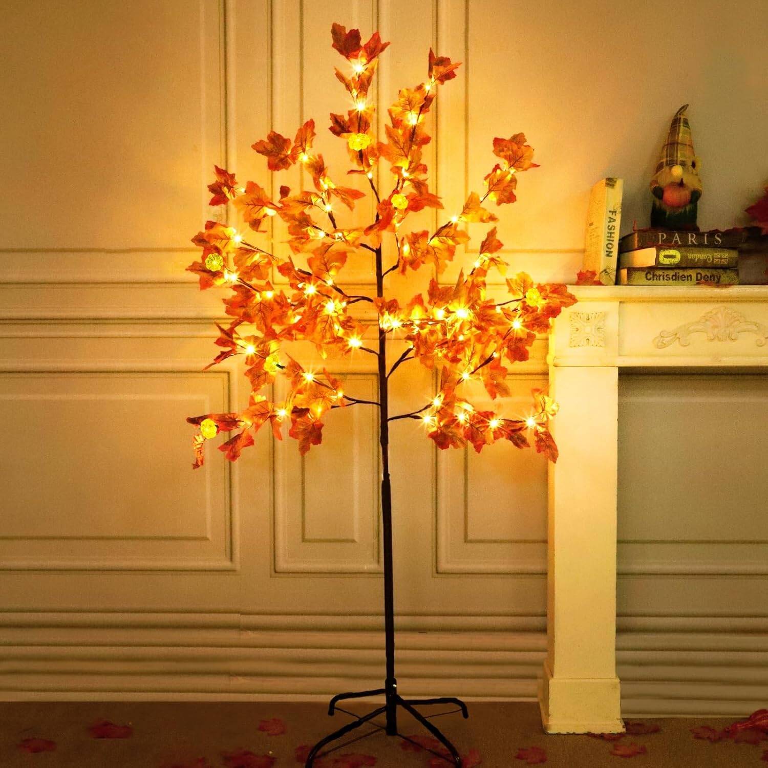 5Ft Lighted Thanksgiving Decor Maple Tree, Fall Decorations with 72LED 144 Maple Leaves 6 & Pumpkins & Timer 8 Flashing Mode Remote Control Artificial Tree Fall Home Indoor Outdoor Autumn Decor - Image 7