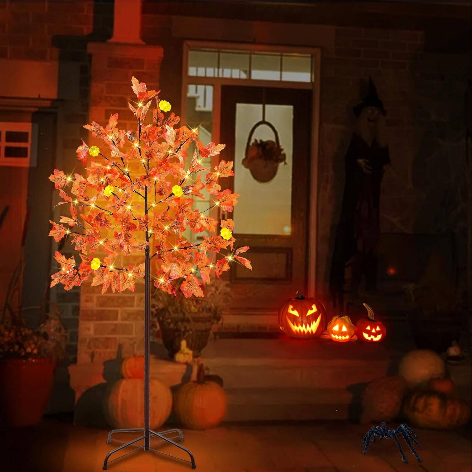 5Ft Lighted Thanksgiving Decor Maple Tree, Fall Decorations with 72LED 144 Maple Leaves 6 & Pumpkins & Timer 8 Flashing Mode Remote Control Artificial Tree Fall Home Indoor Outdoor Autumn Decor - Image 8