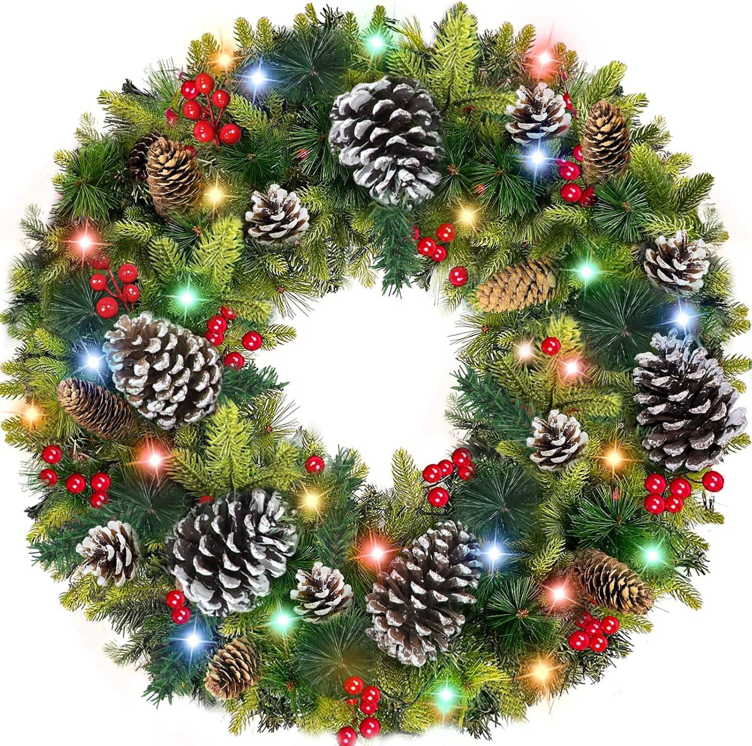 30” Christmas Wreath with Colorful Lights Pinecones Berries - Battery Operated with Timer for Indoor & Outdoor