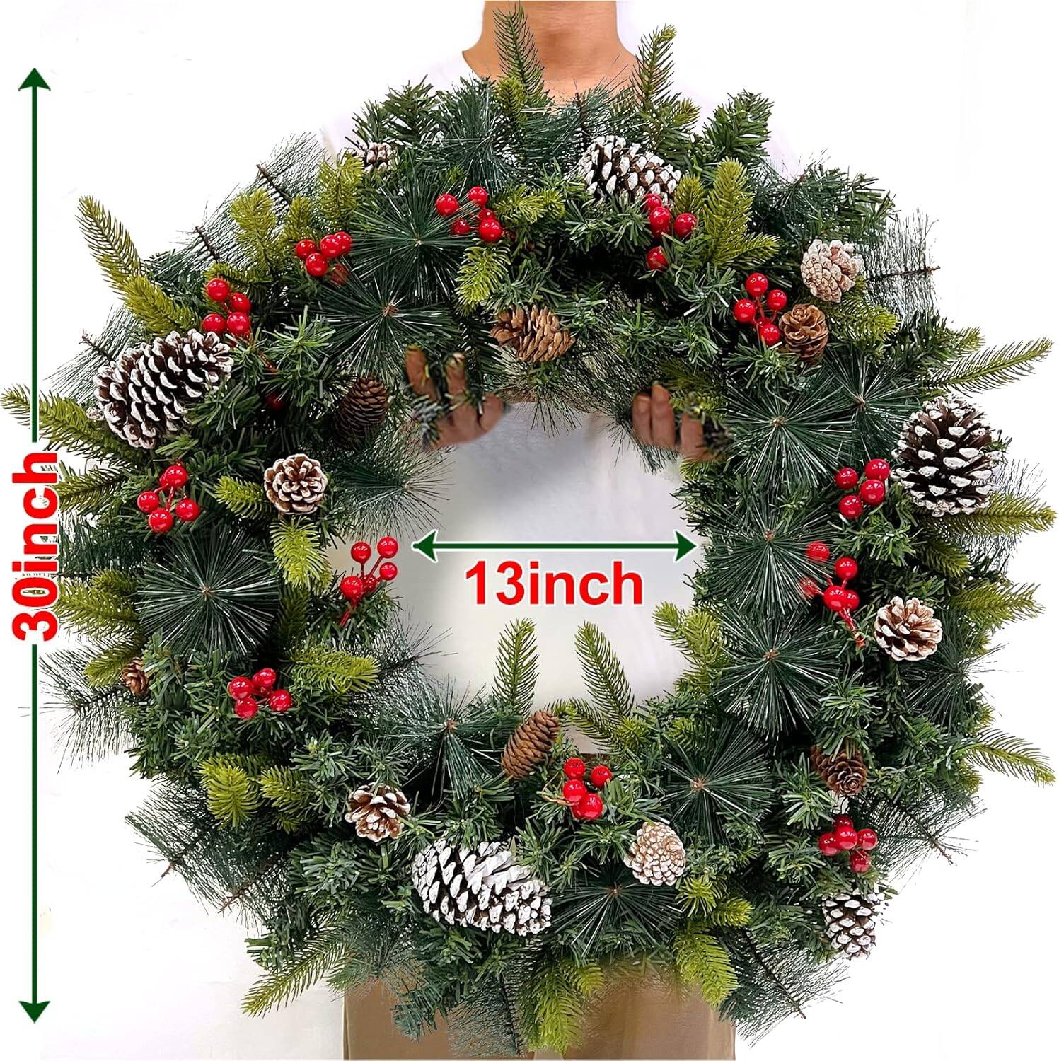 30” Christmas Wreath with Colorful Lights Pinecones Berries - Battery Operated with Timer for Indoor & Outdoor - Image 2