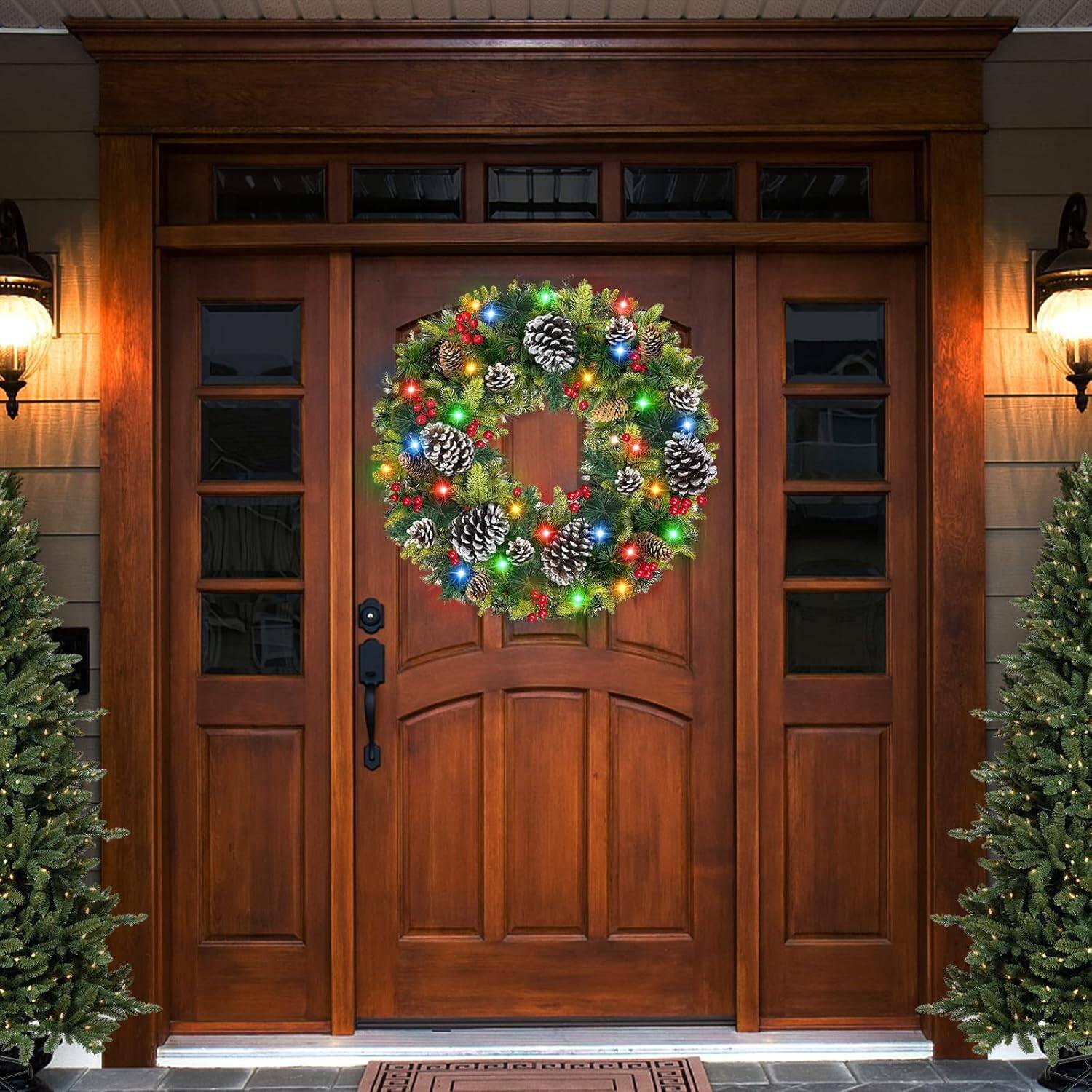 30” Christmas Wreath with Colorful Lights Pinecones Berries - Battery Operated with Timer for Indoor & Outdoor - Image 4