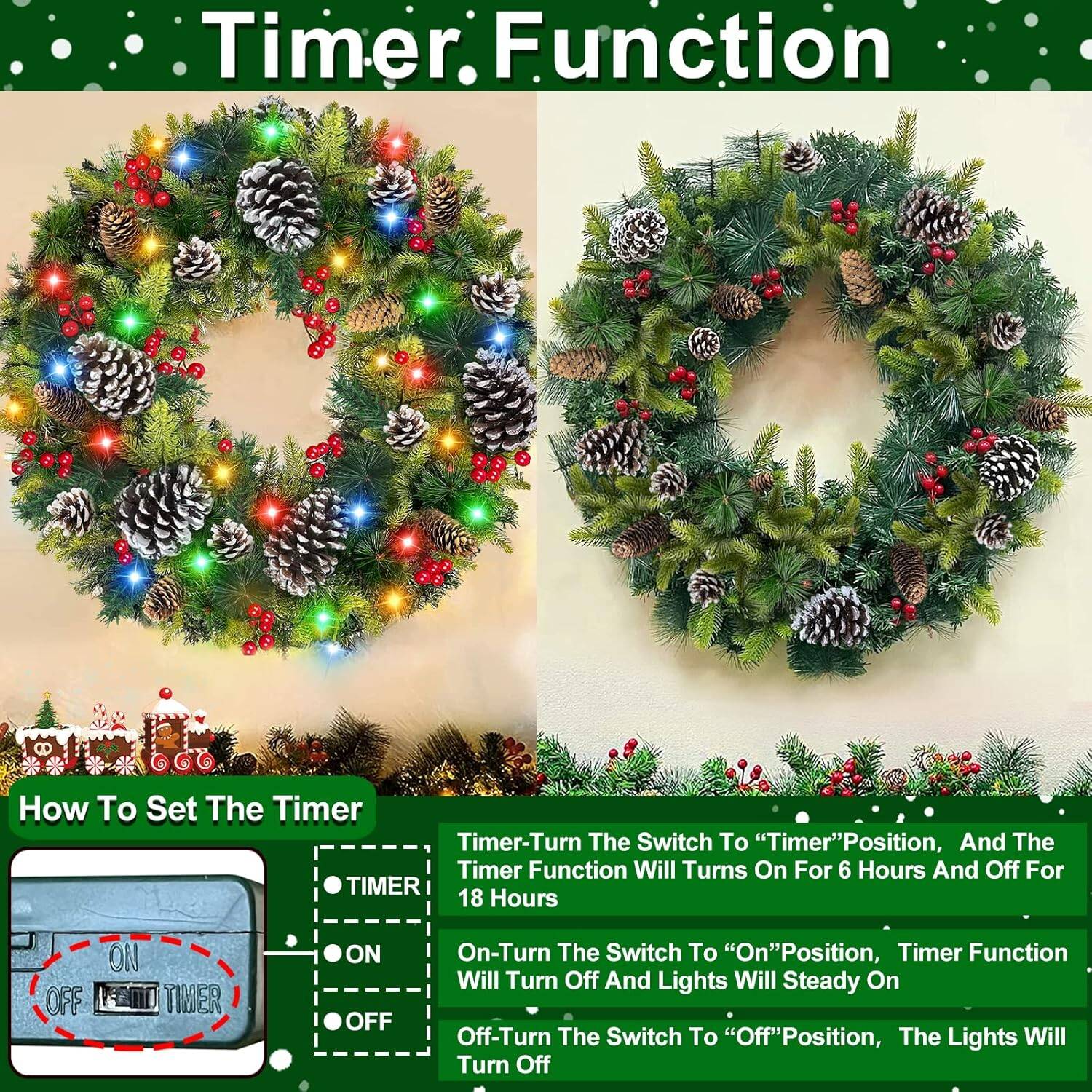 30” Christmas Wreath with Colorful Lights Pinecones Berries - Battery Operated with Timer for Indoor & Outdoor - Image 5