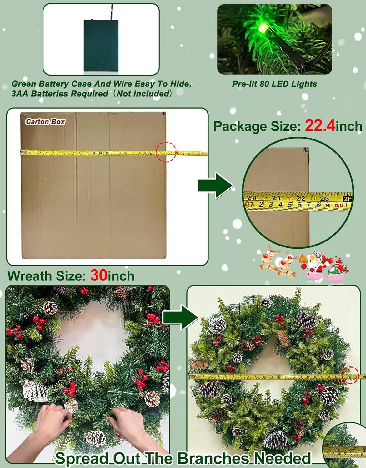 30” Christmas Wreath with Colorful Lights Pinecones Berries - Battery Operated with Timer for Indoor & Outdoor - Image 7