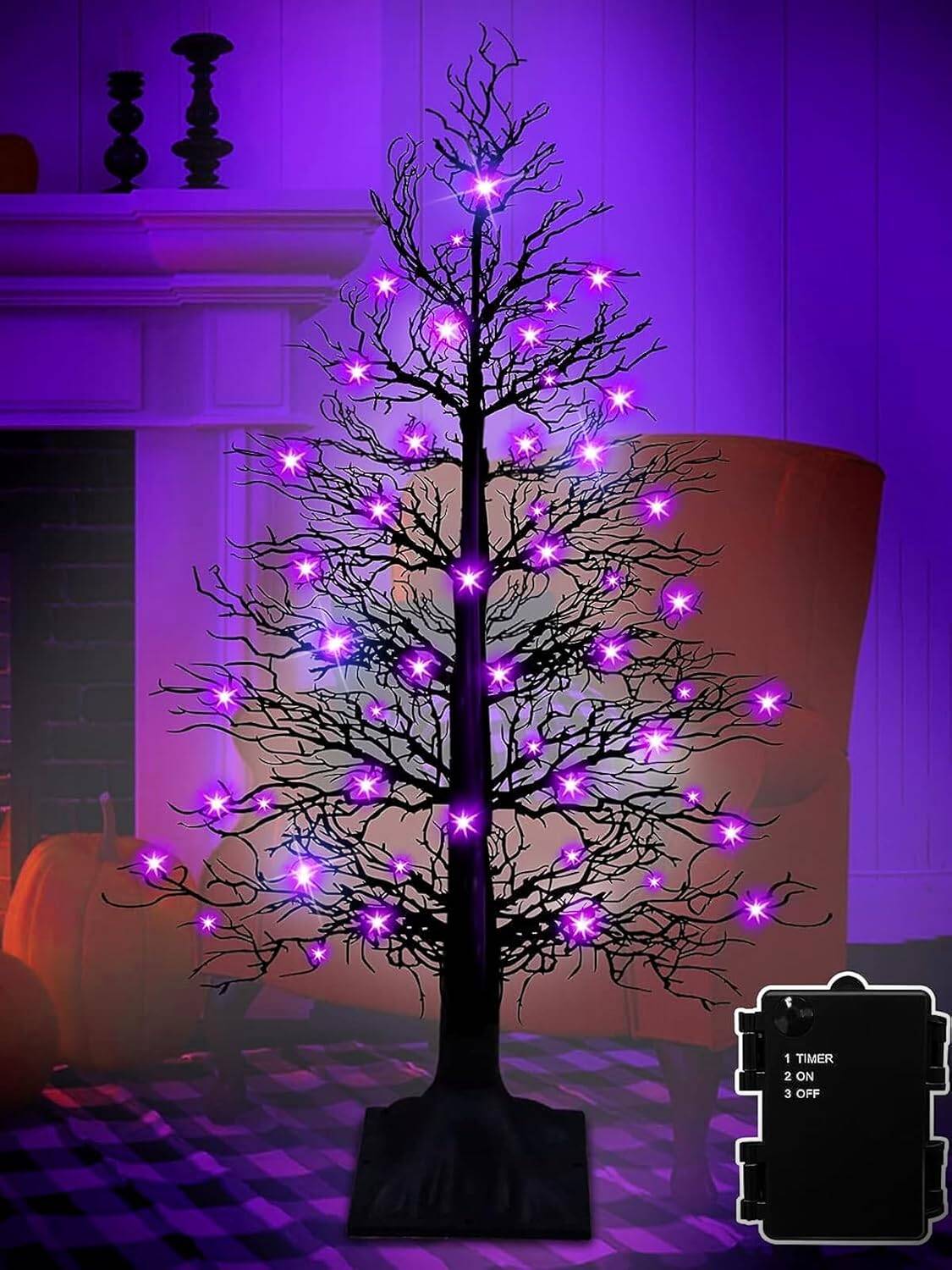 3ft Black Twig Tree with 48 LED Purple Lights(Spiders)