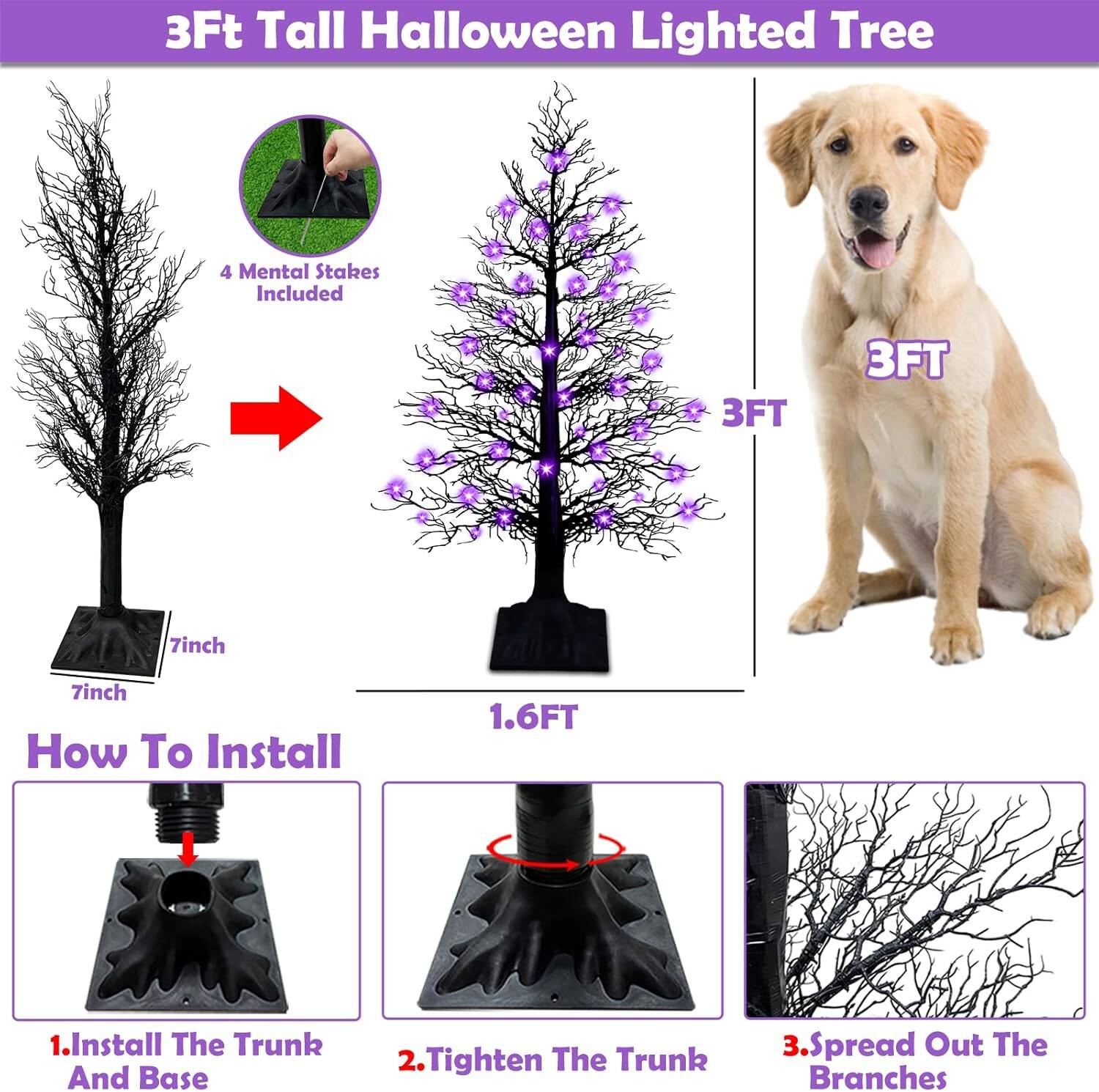 3ft Black Twig Tree with 48 LED Purple Lights(Spiders) - Image 4