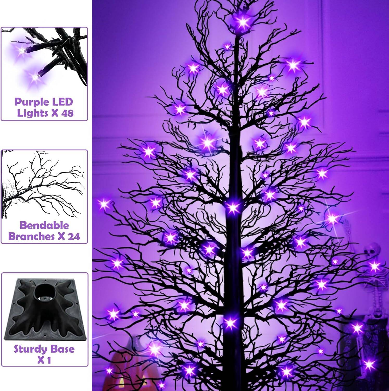 3ft Black Twig Tree with 48 LED Purple Lights(Spiders) - Image 6