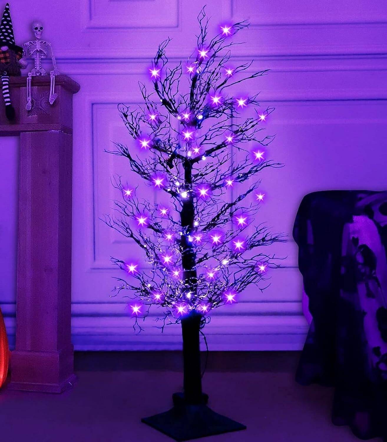 3ft Black Twig Tree with 48 LED Purple Lights(Spiders) - Image 7