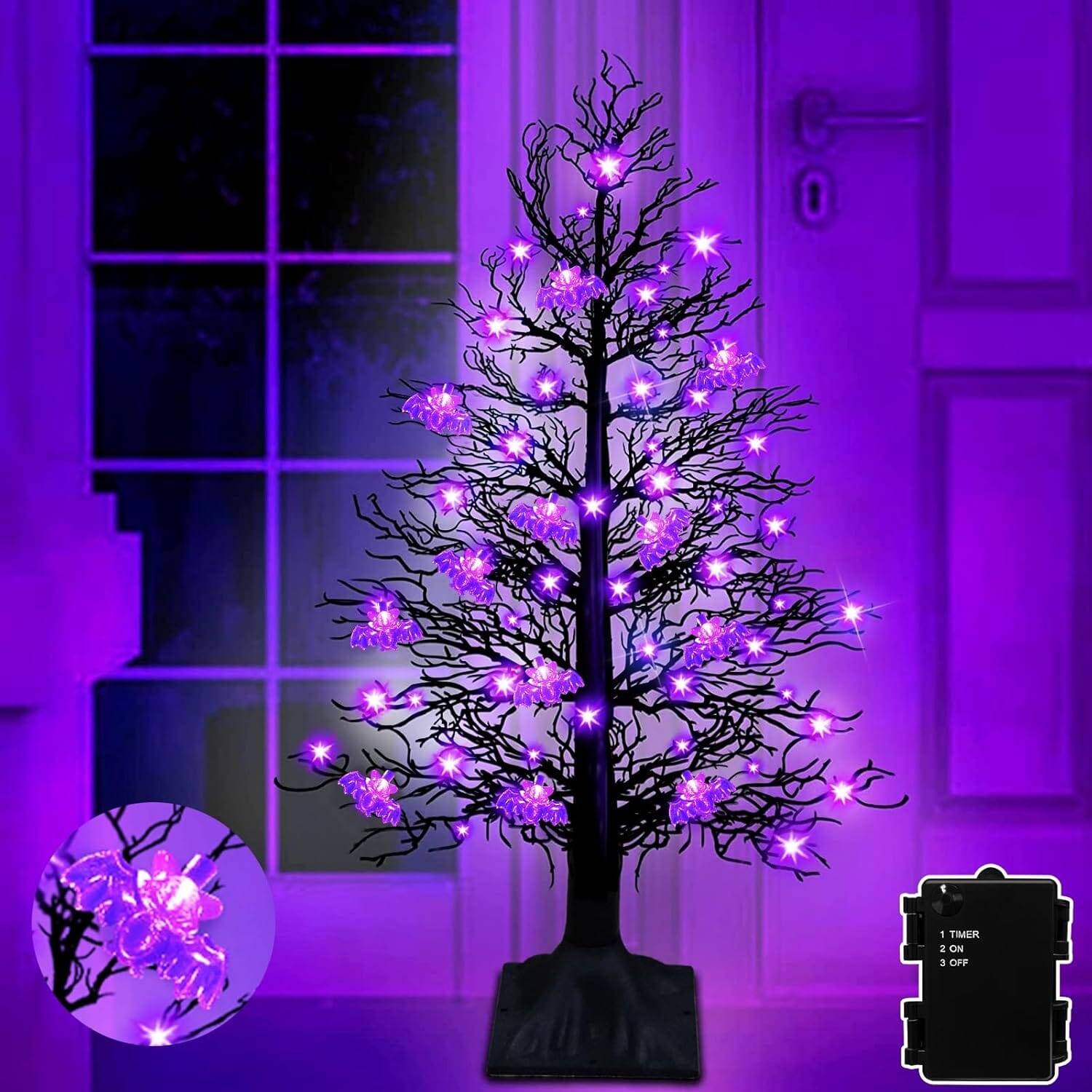 3ft Black Twig Tree with 48 LED Purple Lights(Spiders) - Image 2