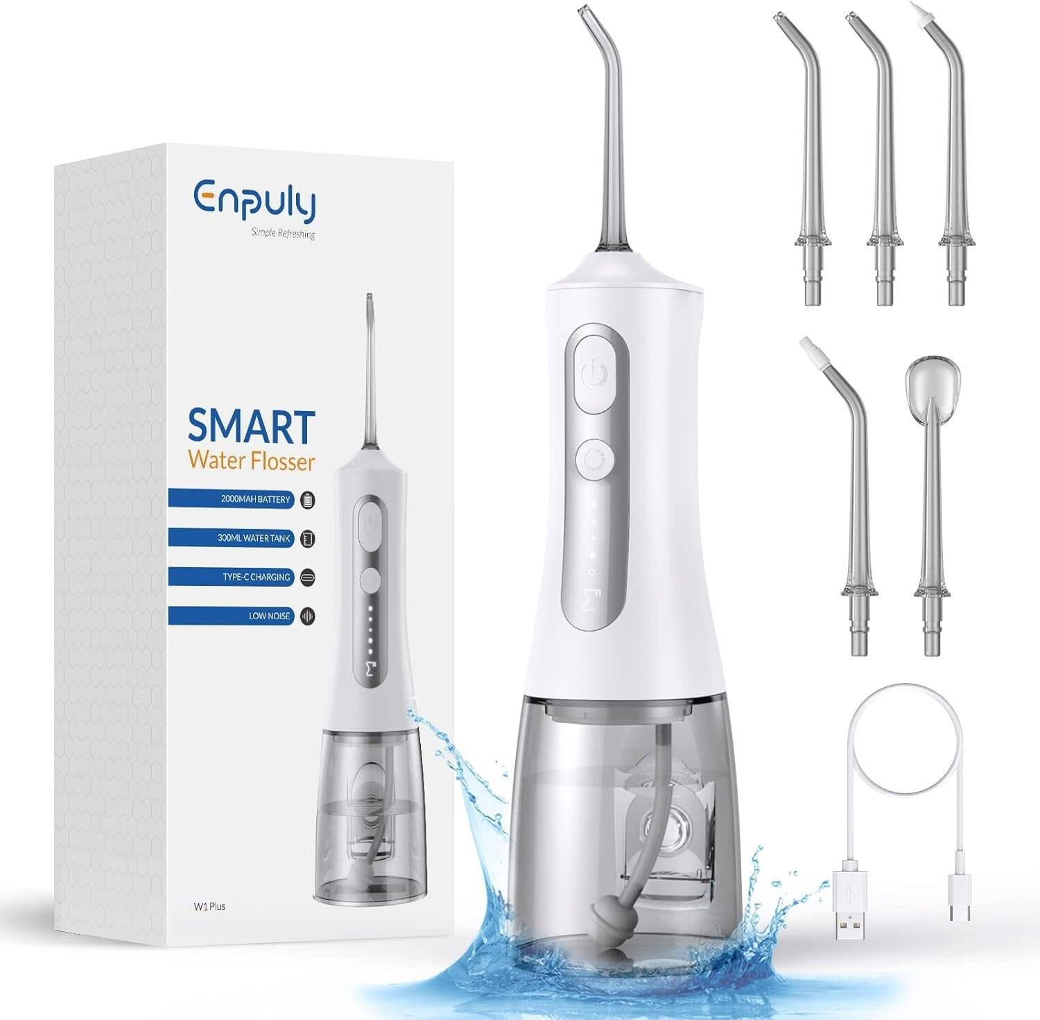 ENPULY Cordless Water Dental Flosser for Teeth Cleaning - Rechargeable Oral Irrigator Water Teeth Cleaner Picks with 5 Modes 5 Jet Tips, IPX7 Waterproof Portable 300ml Flossers, White