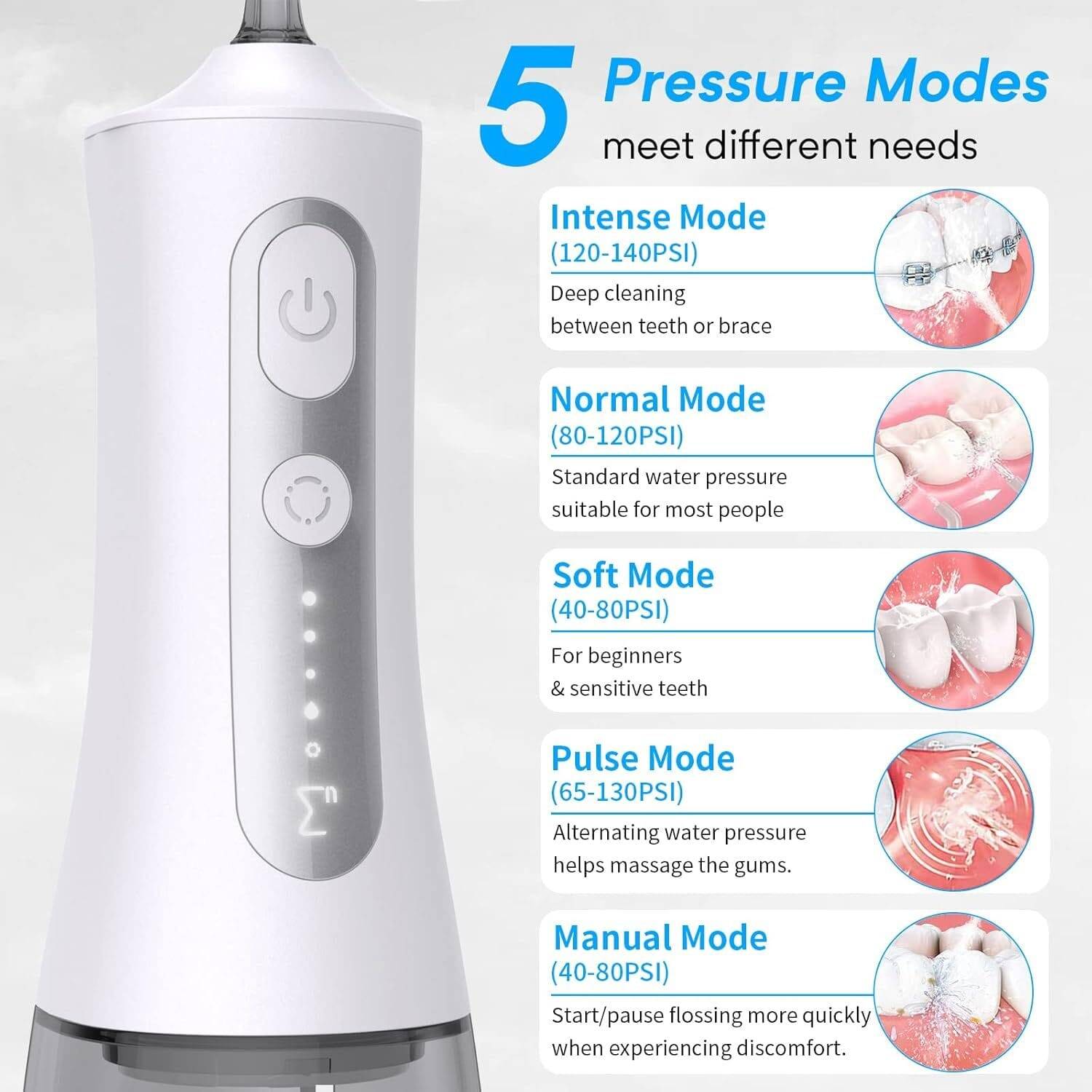 ENPULY Cordless Water Dental Flosser for Teeth Cleaning - Rechargeable Oral Irrigator Water Teeth Cleaner Picks with 5 Modes 5 Jet Tips, IPX7 Waterproof Portable 300ml Flossers, White - Image 3