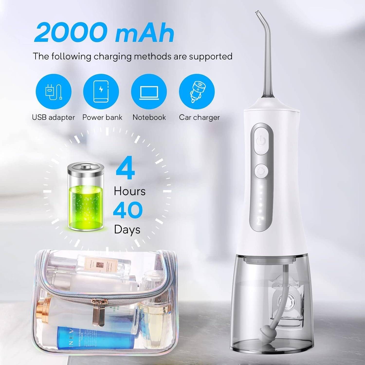 ENPULY Cordless Water Dental Flosser for Teeth Cleaning - Rechargeable Oral Irrigator Water Teeth Cleaner Picks with 5 Modes 5 Jet Tips, IPX7 Waterproof Portable 300ml Flossers, White - Image 8