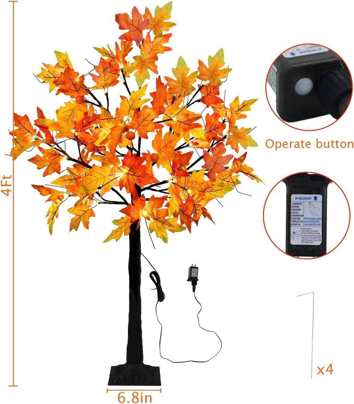 4FT Fall Lighted Maple Trees with 48 LEDs Lights 12 Pumpkins Fake Fall Light Up Tree Artificial Autumn Maple Trees for Indoor Outdoor Thanksgiving Fall Decor - Image 3