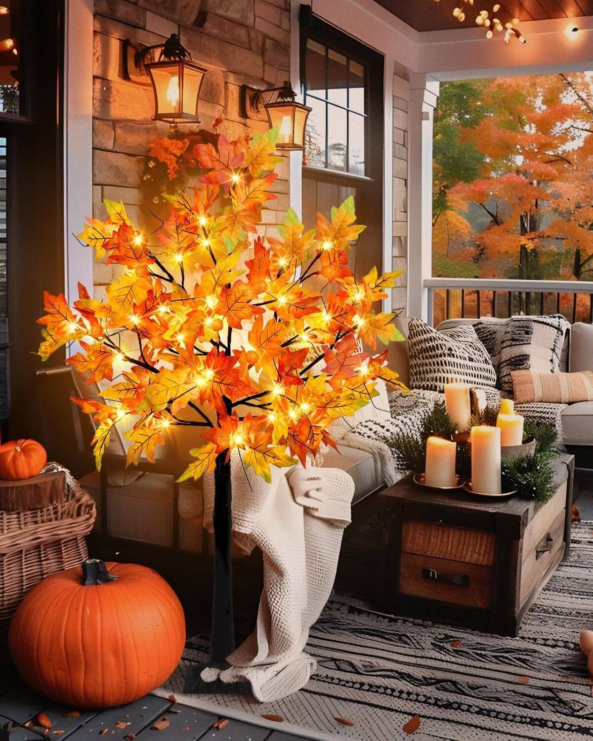 4FT Fall Lighted Maple Trees with 48 LEDs Lights 12 Pumpkins Fake Fall Light Up Tree Artificial Autumn Maple Trees for Indoor Outdoor Thanksgiving Fall Decor - Image 4