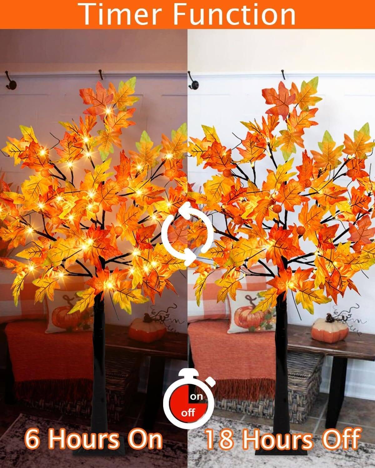 4FT Fall Lighted Maple Trees with 48 LEDs Lights 12 Pumpkins Fake Fall Light Up Tree Artificial Autumn Maple Trees for Indoor Outdoor Thanksgiving Fall Decor - Image 6
